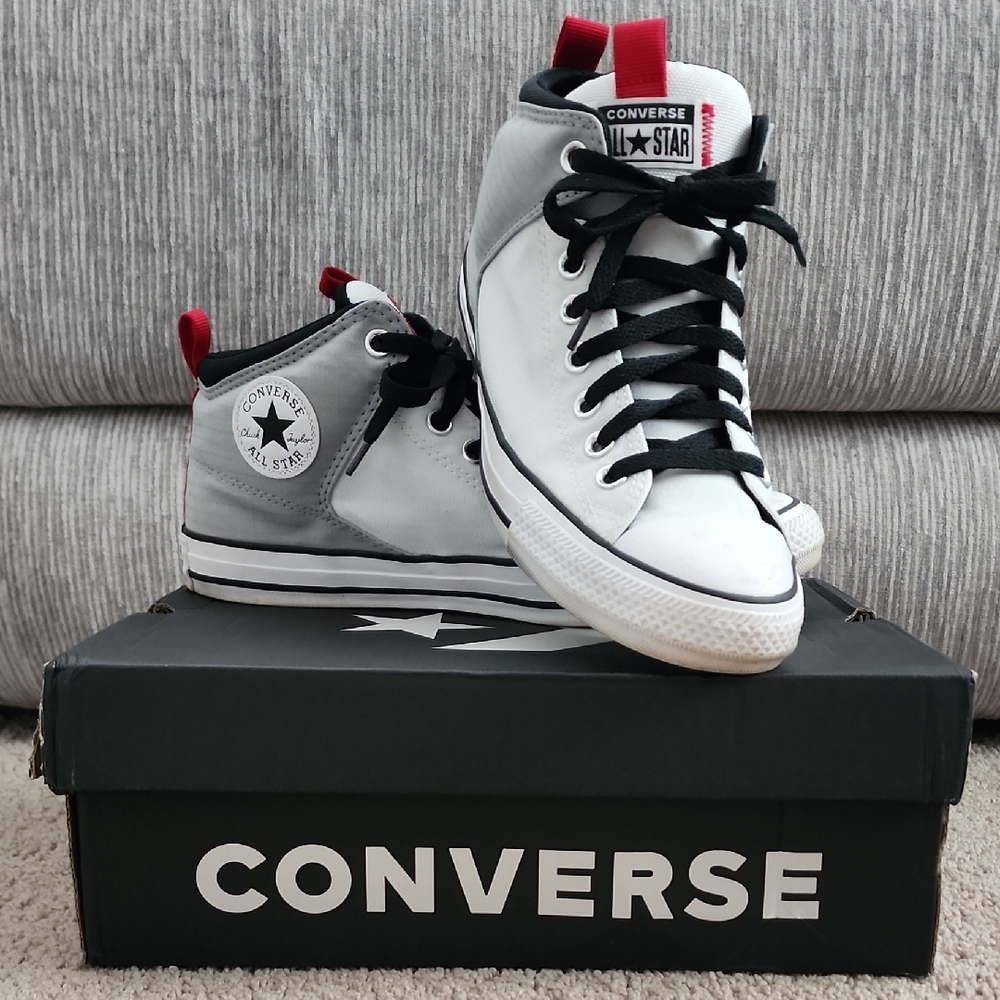 Converse Men's High Top Sneakers White Gray with Black and Red Accents